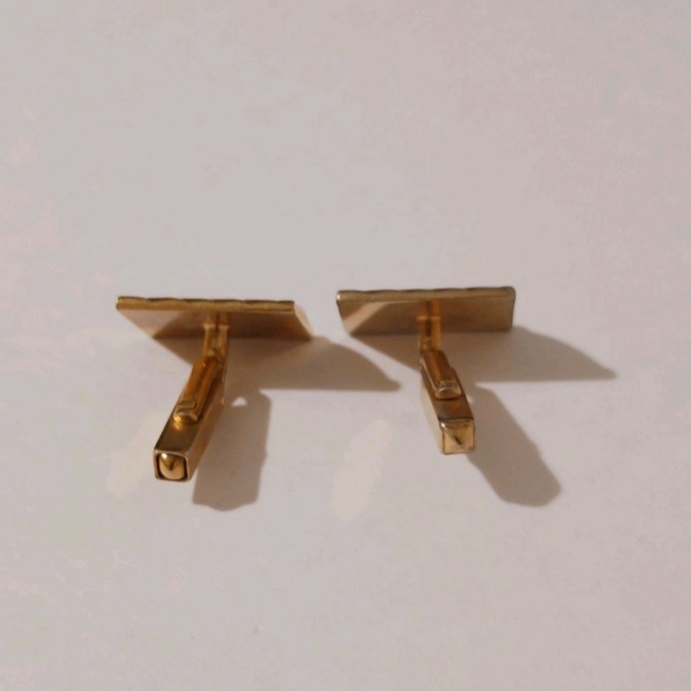 VTG Swank Gold Tone Rectangular Cufflinks Brown Faux Leather Inlay MCM Retro - Picture 3 of 9